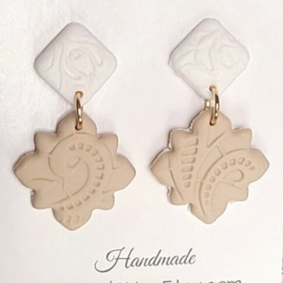 Beautiful Handmade Clay Tan Taupe Colourblock Drop Statement Earrings - Picture 1 of 1